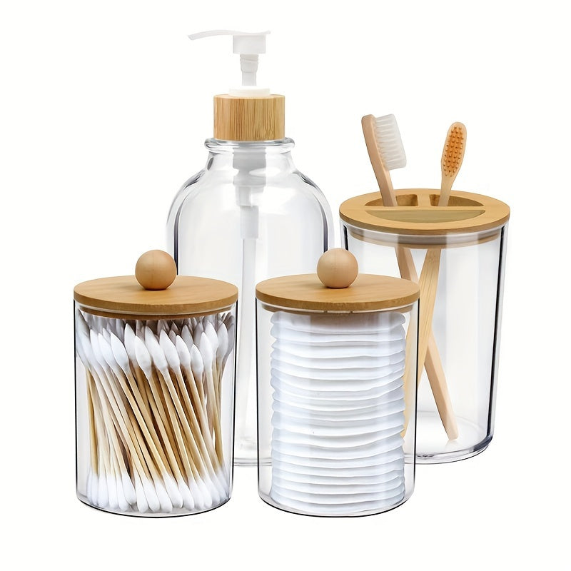 4pcs Bamboo Bathroom Accessories Soap Dispenser Cotton Swab Holder Jars