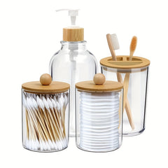 4pcs Bamboo Bathroom Accessories Soap Dispenser Cotton Swab Holder Jars