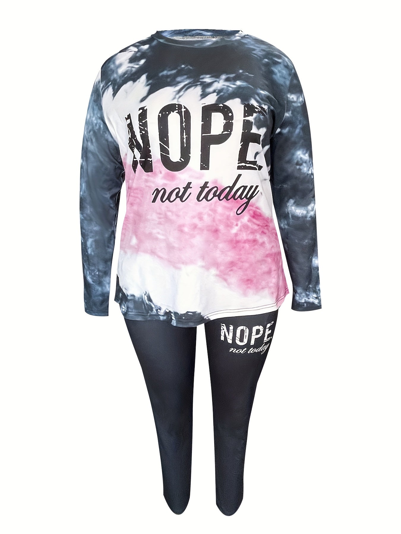 Women's Plus Tie Dye & Slogan Print Long Sleeve Tee & Drawstring Leggings Set