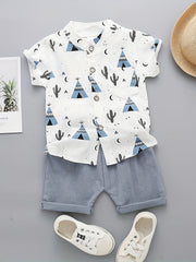 Boys 2pcs Cartoon Print Shirt & Shorts Set