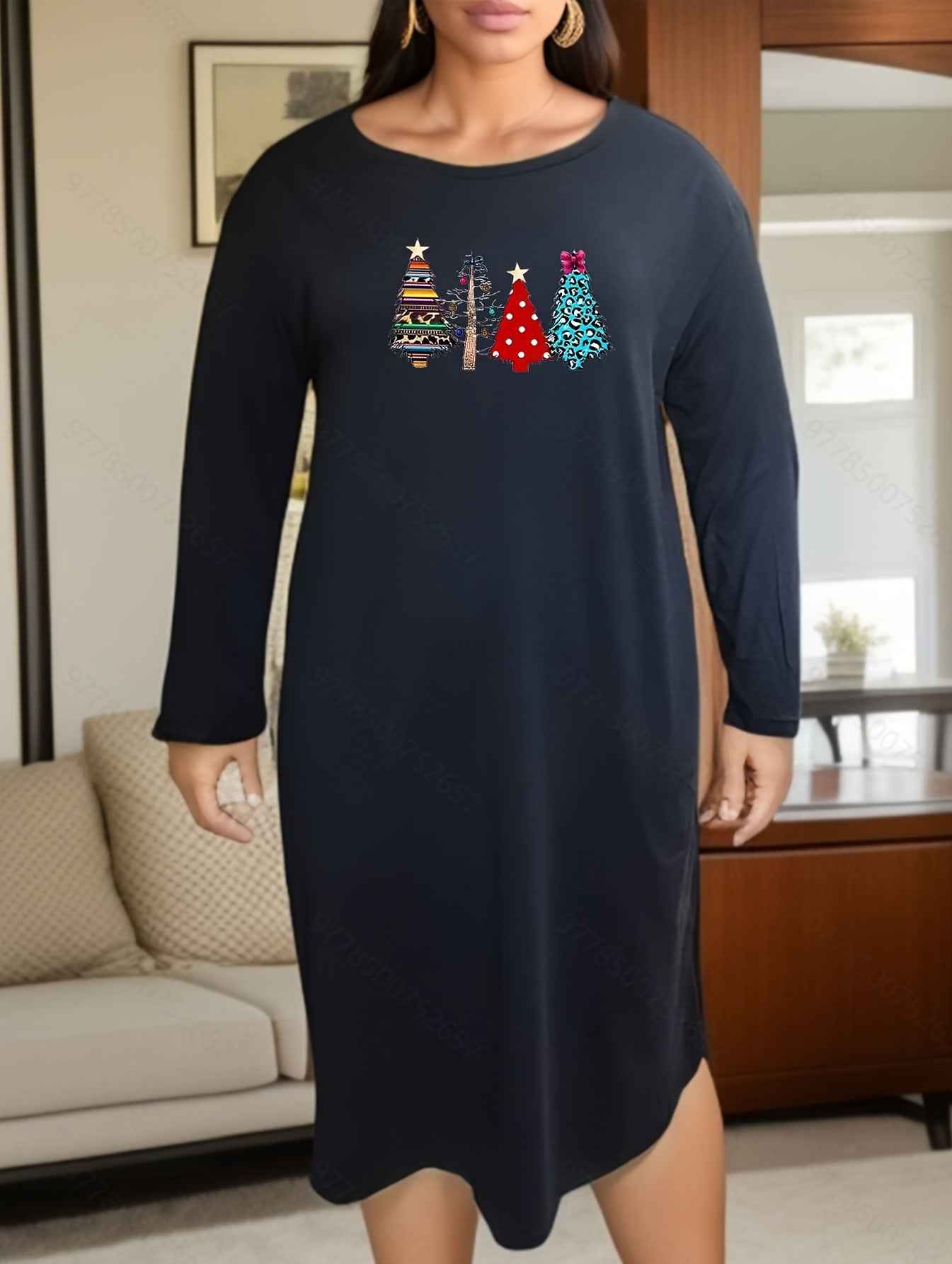 Christmas Lounge Dress Women's Plus Christmas Tree Print Long Sleeve