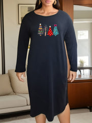 Christmas Lounge Dress Women's Plus Christmas Tree Print Long Sleeve