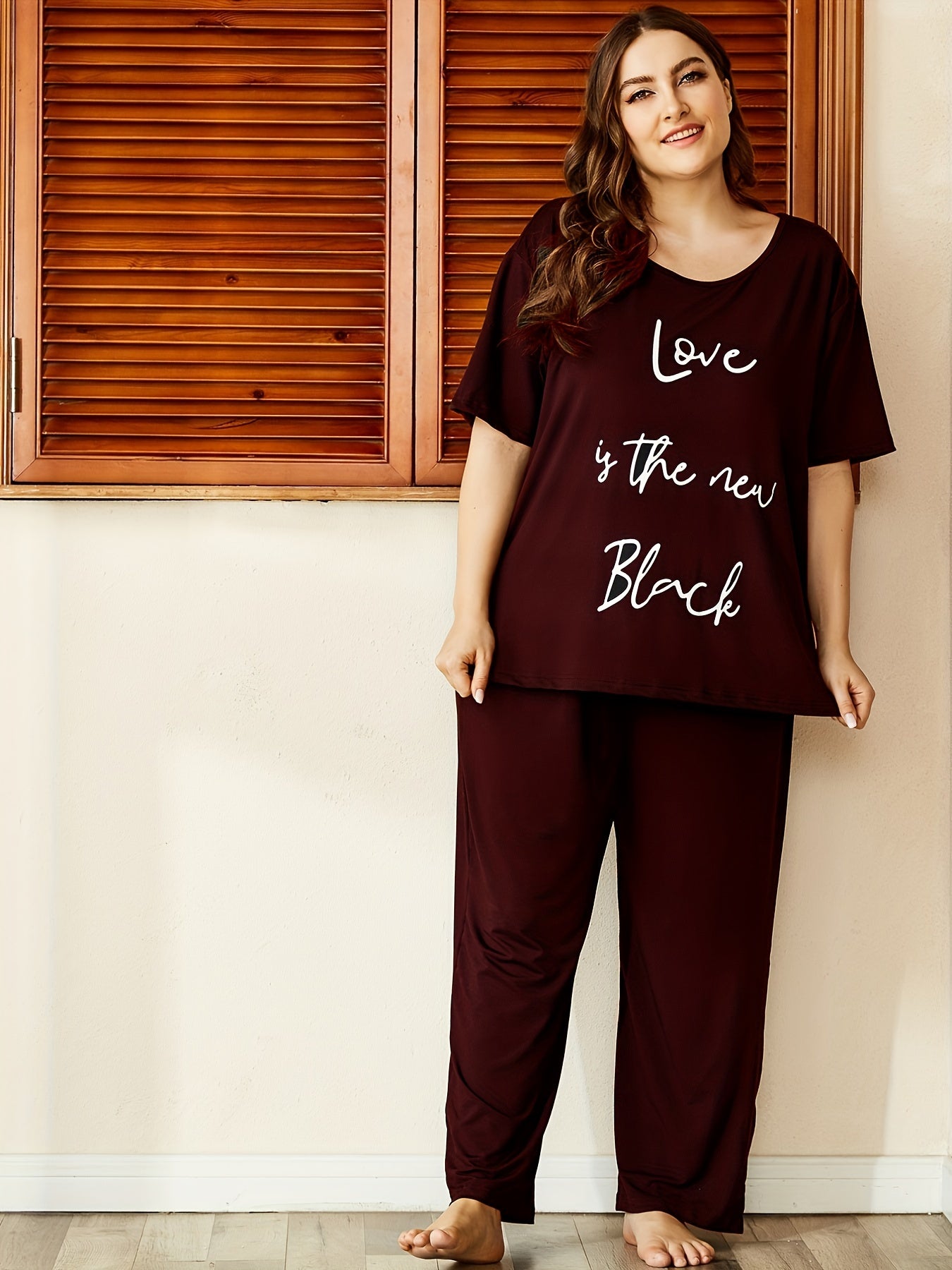 Letter Print Short Sleeve Top & Pants Pajamas Set