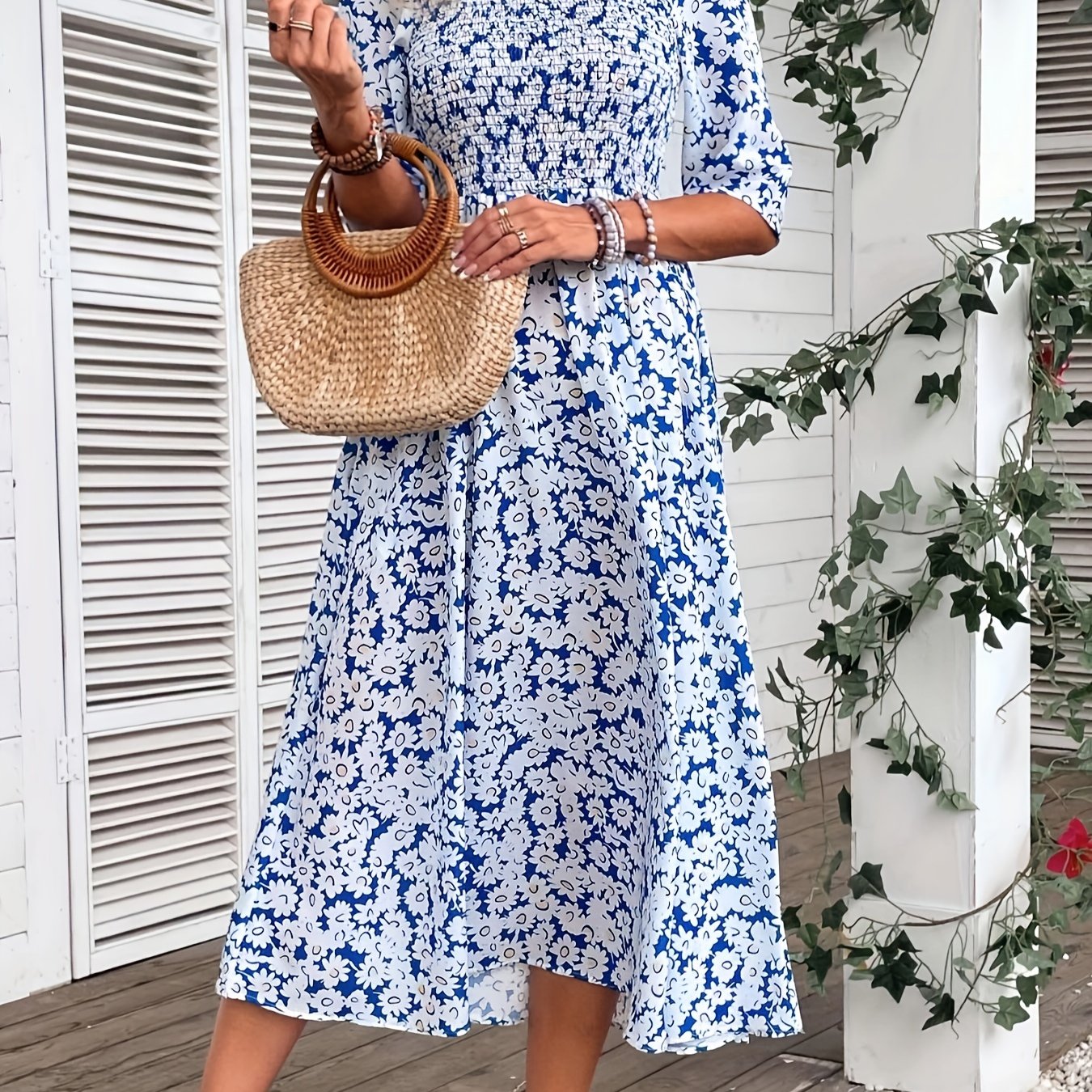 Boho Dress Women's Floral Print Shirred Sleeve Round Neck Maxi Dress