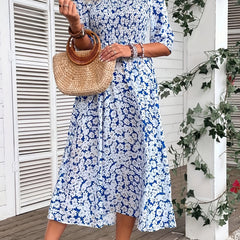 Boho Dress Women's Floral Print Shirred Sleeve Round Neck Maxi Dress