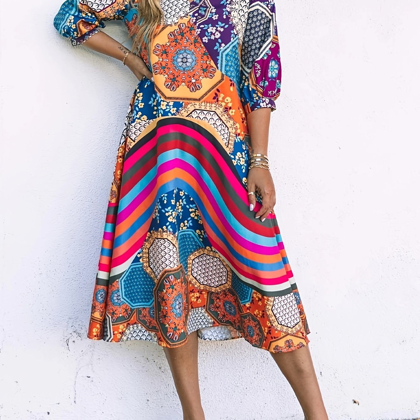 Boho Dress Women's Plus Geo Print Half Sleeve V Neck Stretch Dress