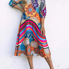 Boho Dress Women's Plus Geo Print Half Sleeve V Neck Stretch Dress