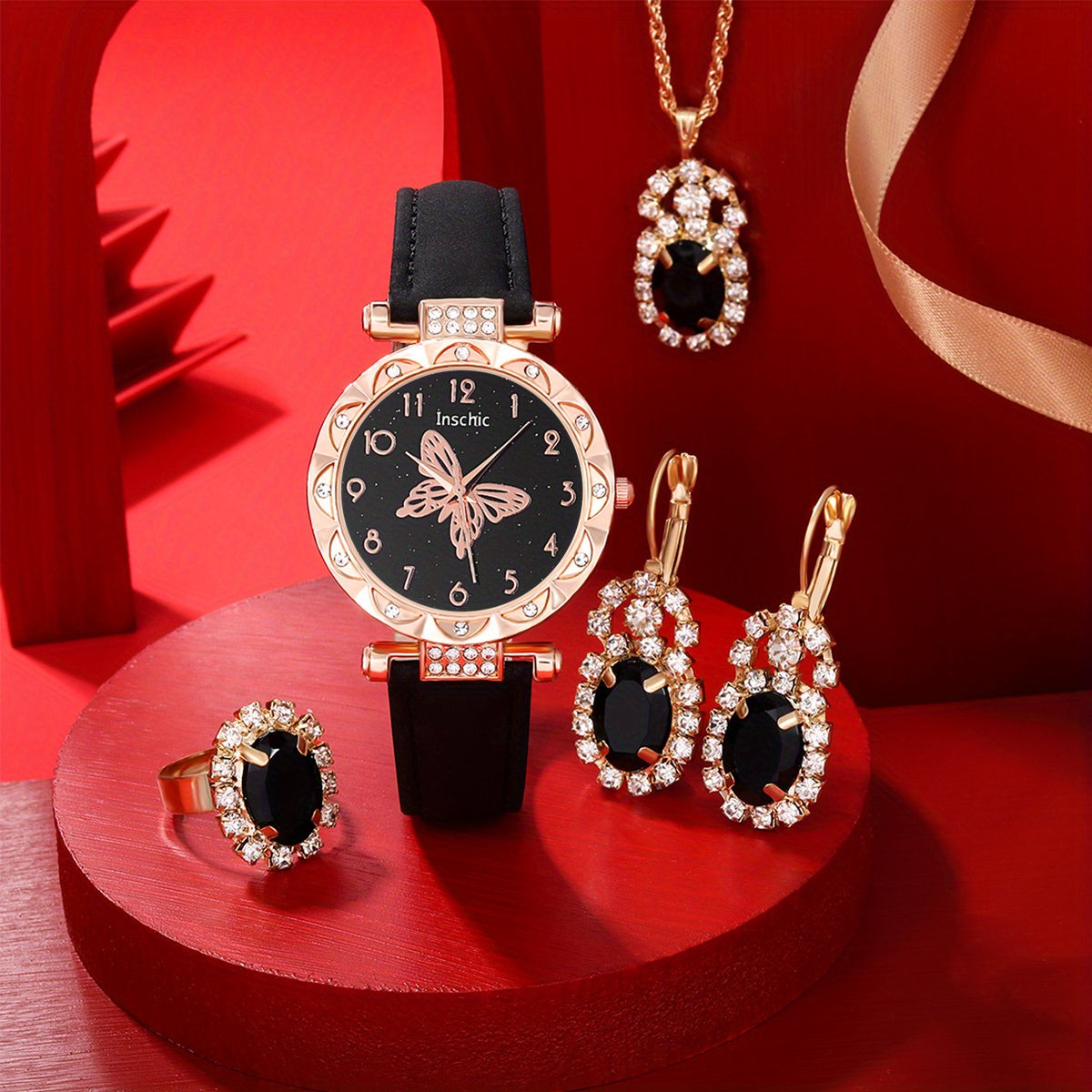 Butterfly Quartz Watch + 4 Rhinestone Accessories Set