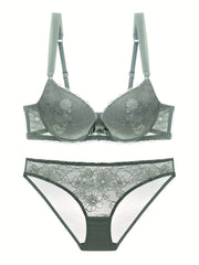 Floral Lace Push Up Bra & Bikini Panties Set