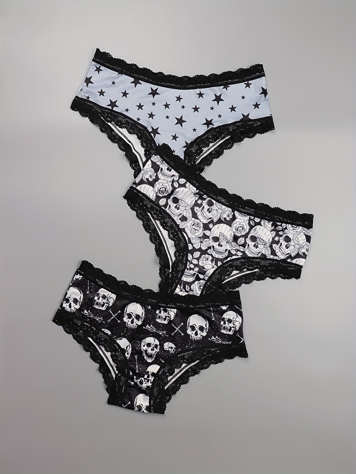 3 Pack Plus Size Halloween Sexy Panties Set Women's Plus Skull & Star Print
