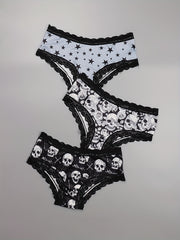 3 Pack Plus Size Halloween Sexy Panties Set Women's Plus Skull & Star Print