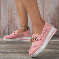 Knit Sock Shoes Metal Chain Slip On Low Top Casual Flat Shoes