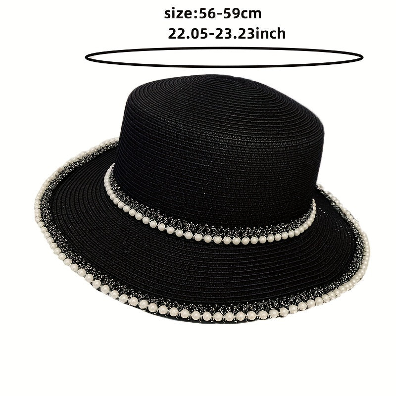 Faux Pearl Decor Sun Hat Flat Short Brim French Style Travel Beach Hat Women