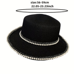 Faux Pearl Decor Sun Hat Flat Short Brim French Style Travel Beach Hat Women