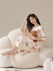 Cute Bear Print Nightdress Short Sleeve Crew Neck Sleep Dress
