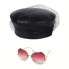 2pcs Beret Sunglasses Set PU Leather Beret UV Protection Sunglasses