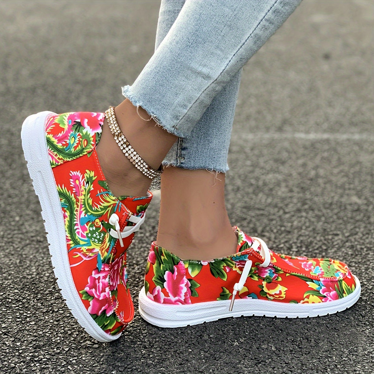 Chinese Flower Pattern Skate Shoes Lace-up Canvas