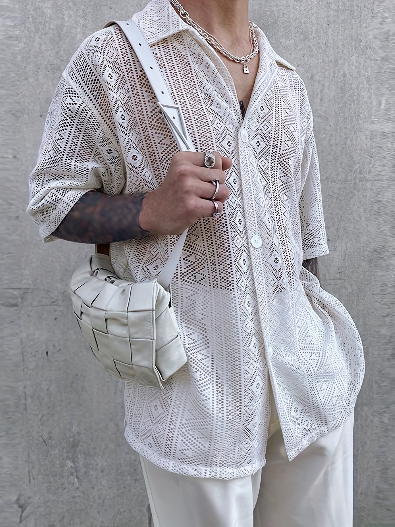 INCERUN Floral Lace Short Sleeve Shirts Casual Mesh Sheer Party Vacation Tee