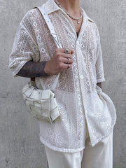 INCERUN Floral Lace Short Sleeve Shirts Casual Mesh Sheer Party Vacation Tee
