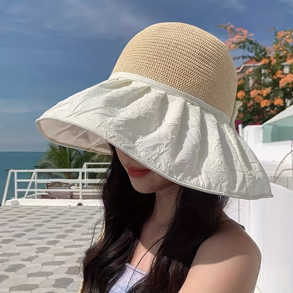 Bowknot Embossed Bucket Hat Wide Brim UV Protection Basin Hat