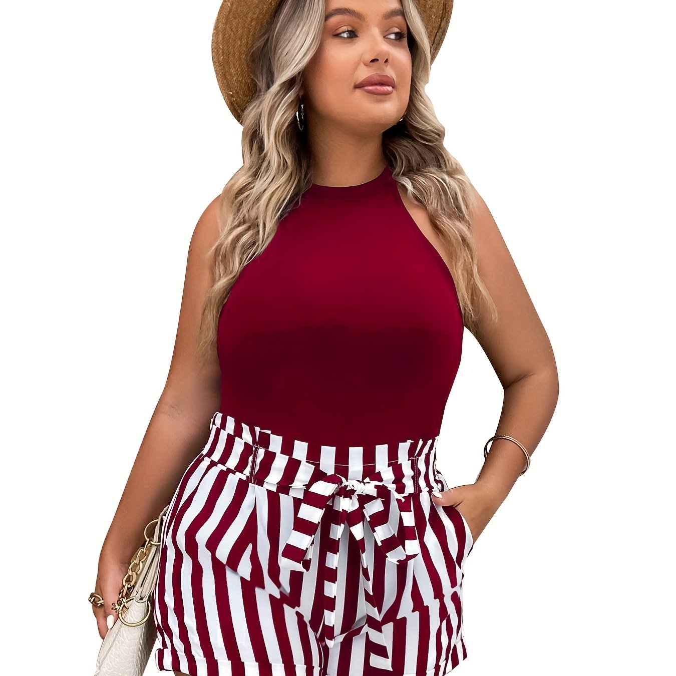 Casual 2 Piece Set: Solid Tank Top & Stripe Print Shorts with Pockets