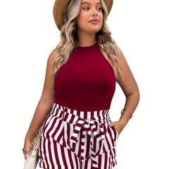 Casual 2 Piece Set: Solid Tank Top & Stripe Print Shorts with Pockets