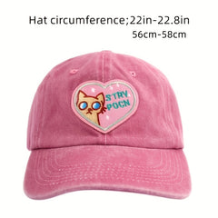 Pink Distressed Baseball Cap Cat Heart Embroidery Dad Hat