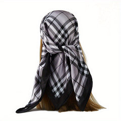 Plaid Print Bandana Silk Large Square Scarf Casual Head Wrap Women Hair Accessor