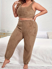 Women's Plus Size Flannel Lounge Set Soft Crop Tank Top & Joggers Home Wear