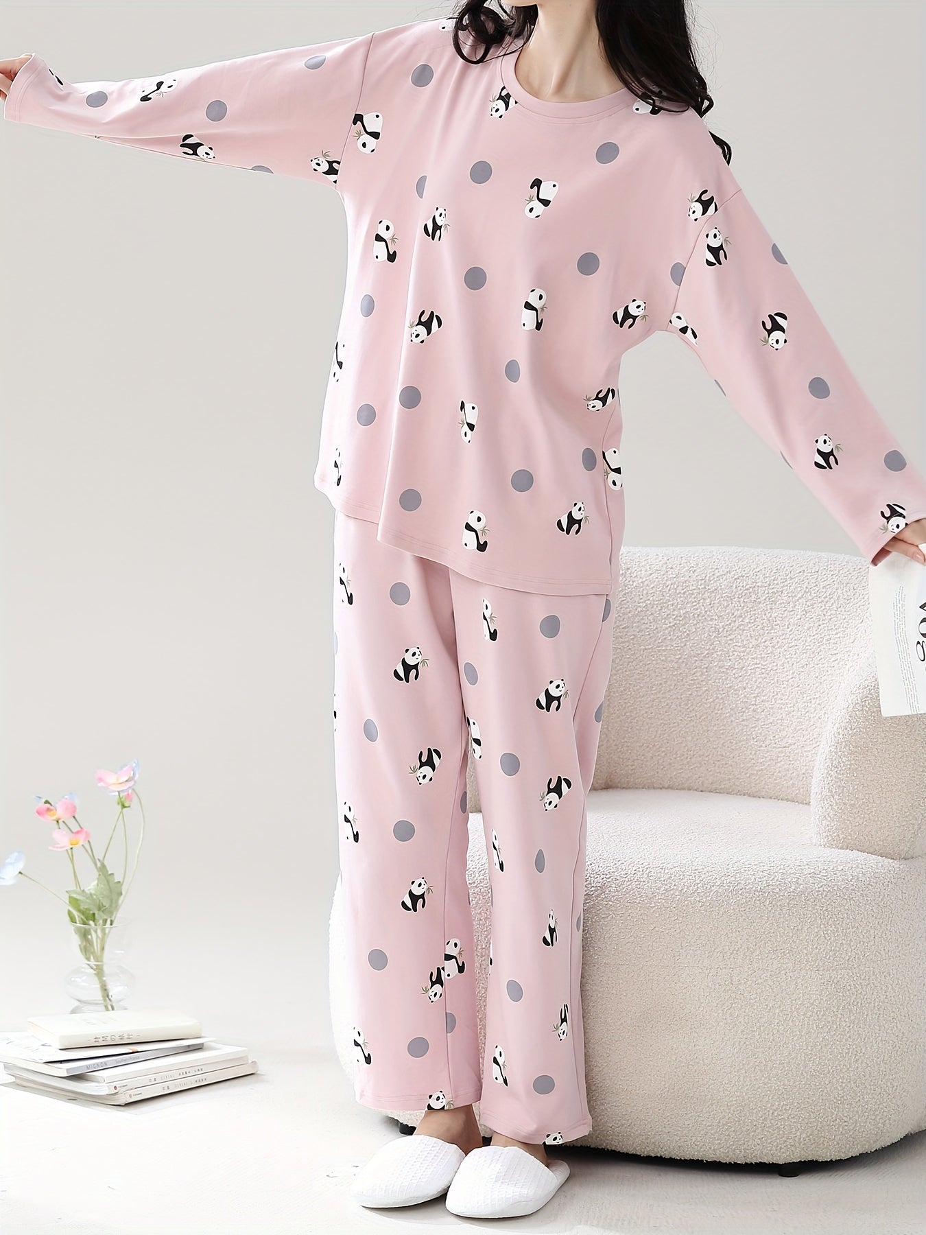 Panda Print Pajama Set Long Sleeve Top & Lounge Pants Women's Sleepwear