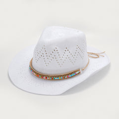 Hollow Crochet Straw Sun Hat Western Style Cowboy Hat Beads Band Decor