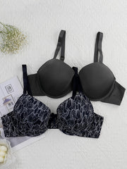 2 Pack Women's Plus Size Casual Bras Set Full Coverage Solid Floral Print 2pcs