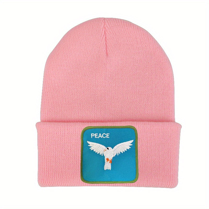Peace Bird Embroidery Patch Beanie Solid Knit Hat Lightweight Skull Cap