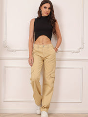High Waist Cargo Pants Loose Fit Pockets Non Stretch Straight Jeans