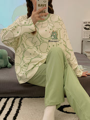 Dino Print Pajama Set Long Sleeve Top & Pants Women's Loungewear