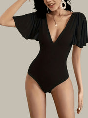 Flutter Sleeve V Neck Slim Bodysuit for Women