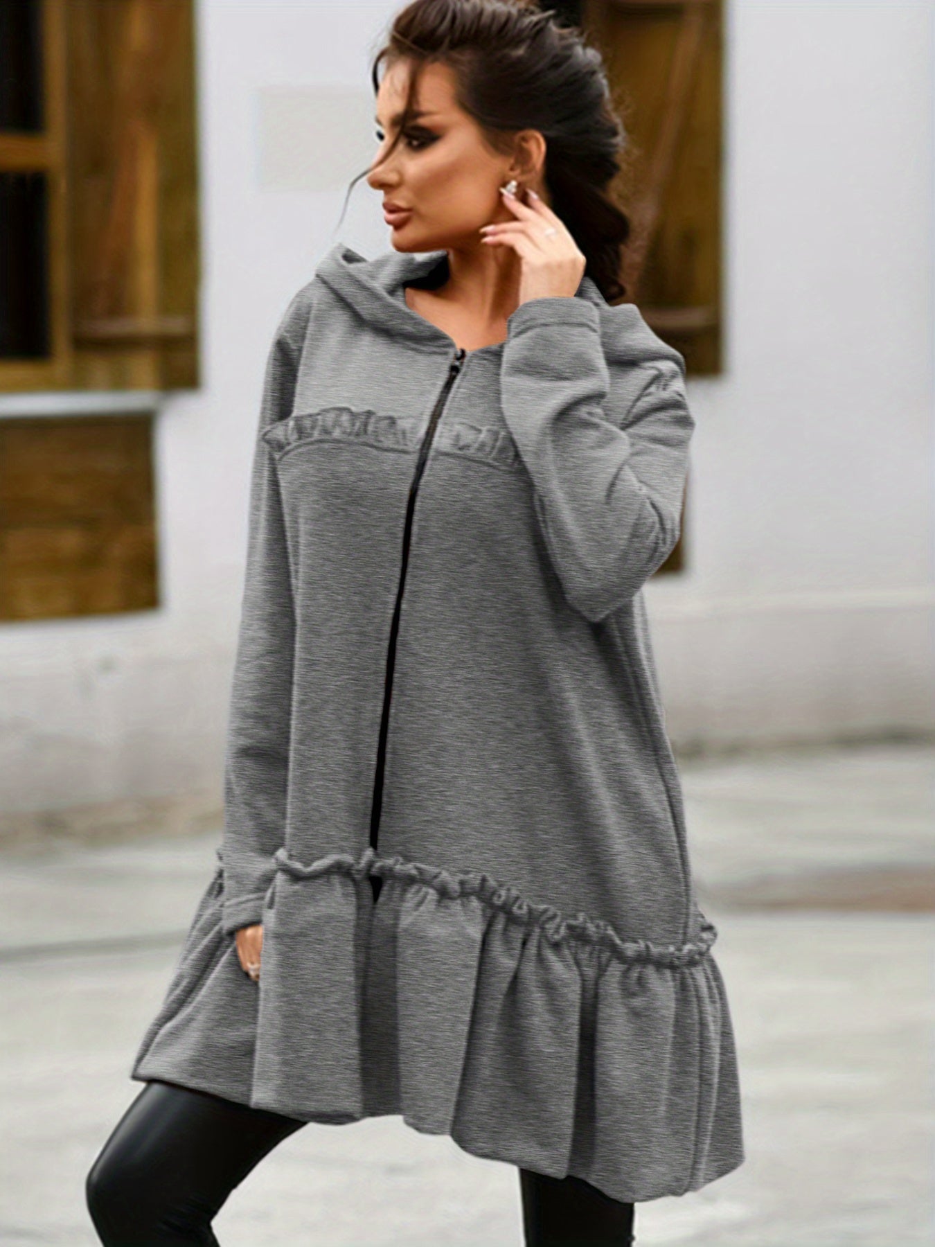 Flared Ruffle Trim Hoodies Zip Up Sweatshirt
