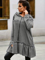 Flared Ruffle Trim Hoodies Zip Up Sweatshirt