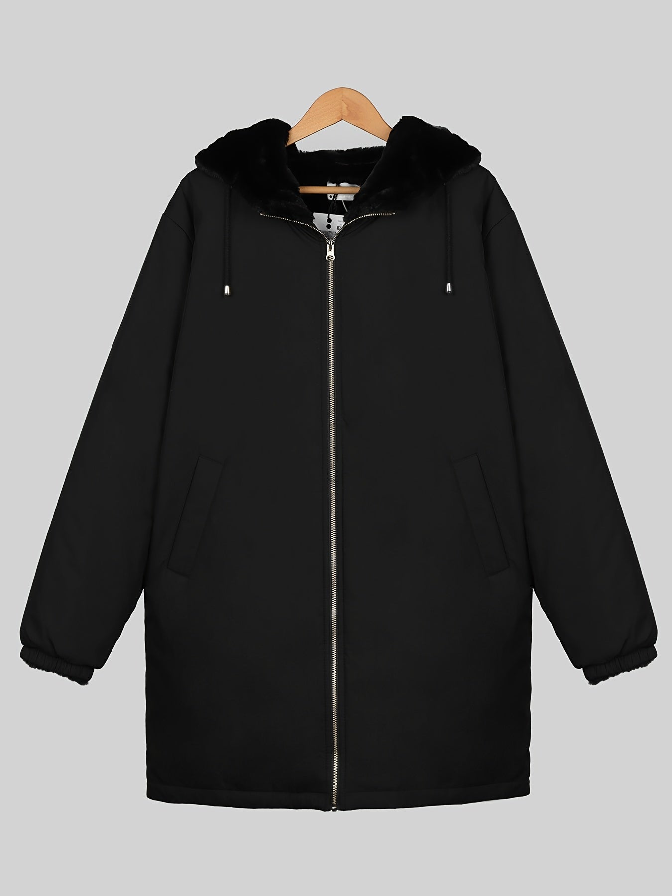 Hooded Full Zipper Coat Warm Mid Length Pocket Outerwear