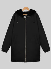 Hooded Full Zipper Coat Warm Mid Length Pocket Outerwear