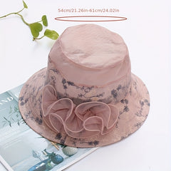 Flower Decor Gauze Bucket Hat Embroidery Basin Hat Casual Fisherman Cap
