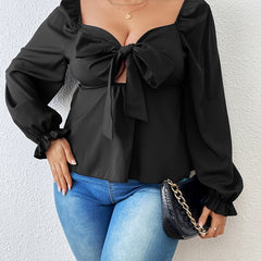 Solid Lantern Sleeve V Neck Knot Cut Out Peplum Top