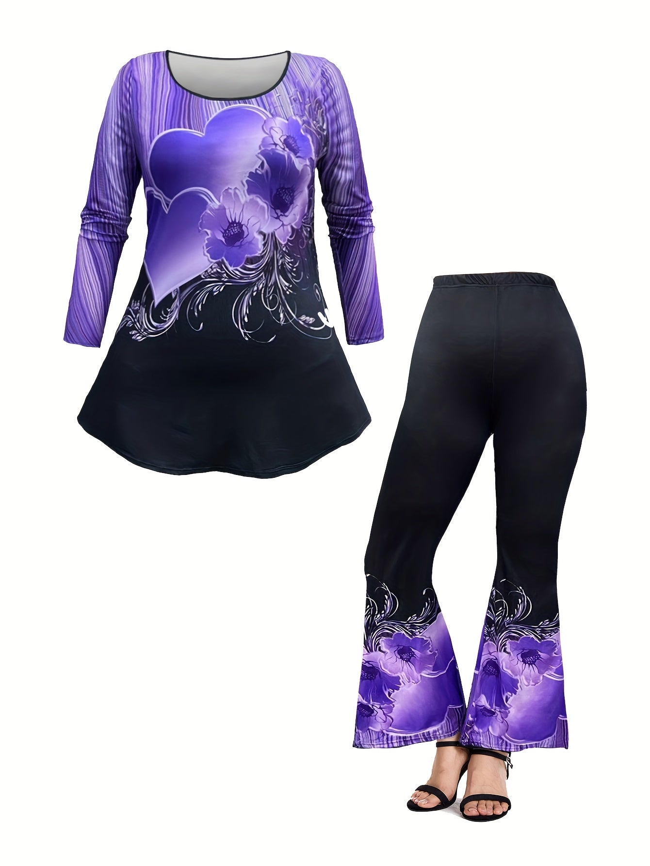 Floral Print Peplum Top & Flared Leg Pants 2 Piece Set