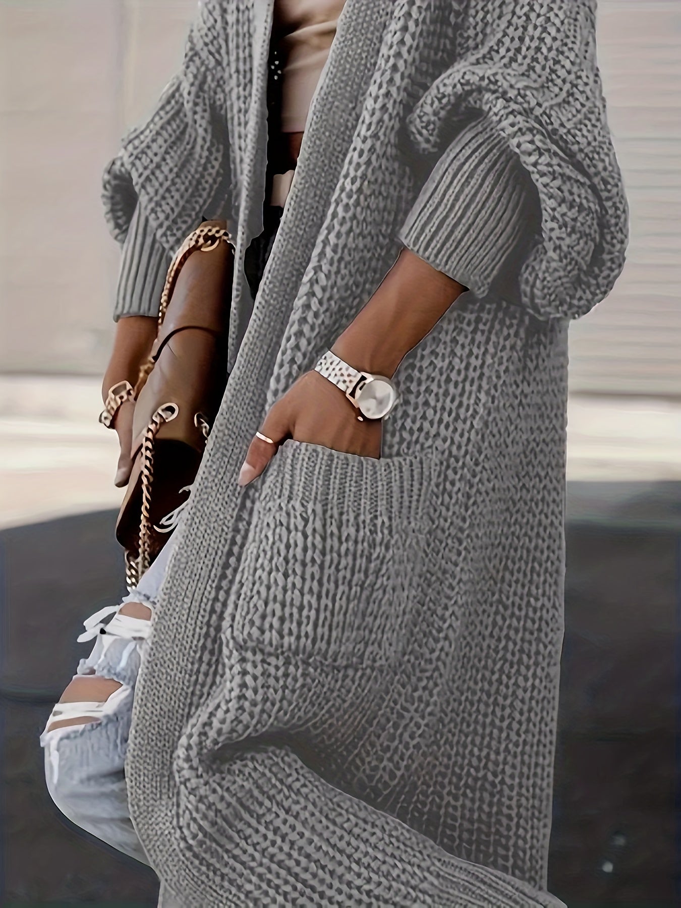 Solid Chunky Long Sleeve Cardigan with Pockets