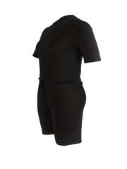 Solid Short Sleeve Round Neck Plus Size Romper