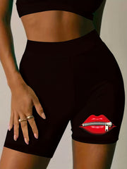 Plus Size Zipper Mouth Print High Rise Biker Shorts