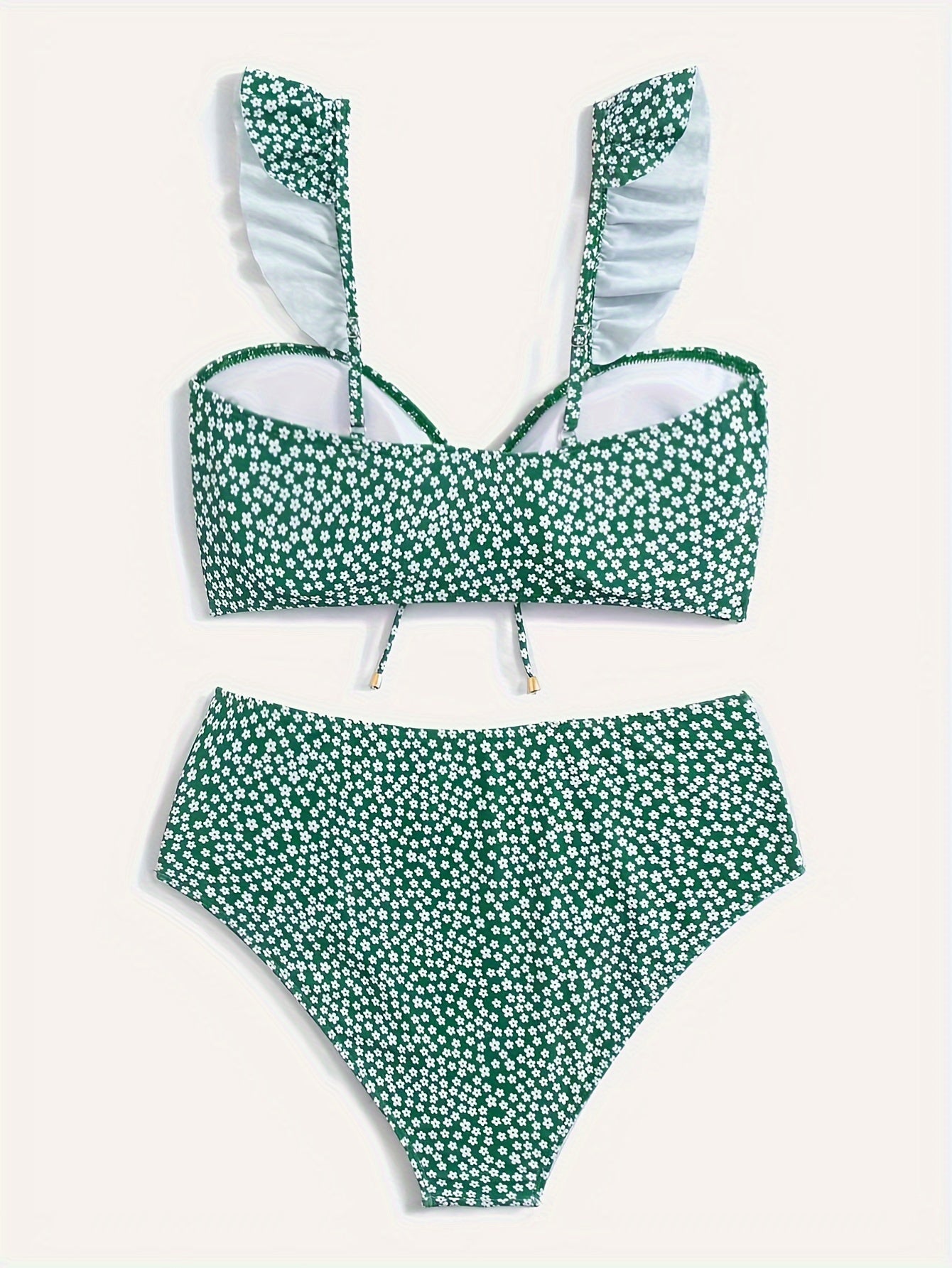 Ditsy Print Ruffle Trim Bikini Set