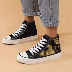 Girl's High Top Golden Pattern Skate Shoes Comfy Non Slip Lace Up Sneakers