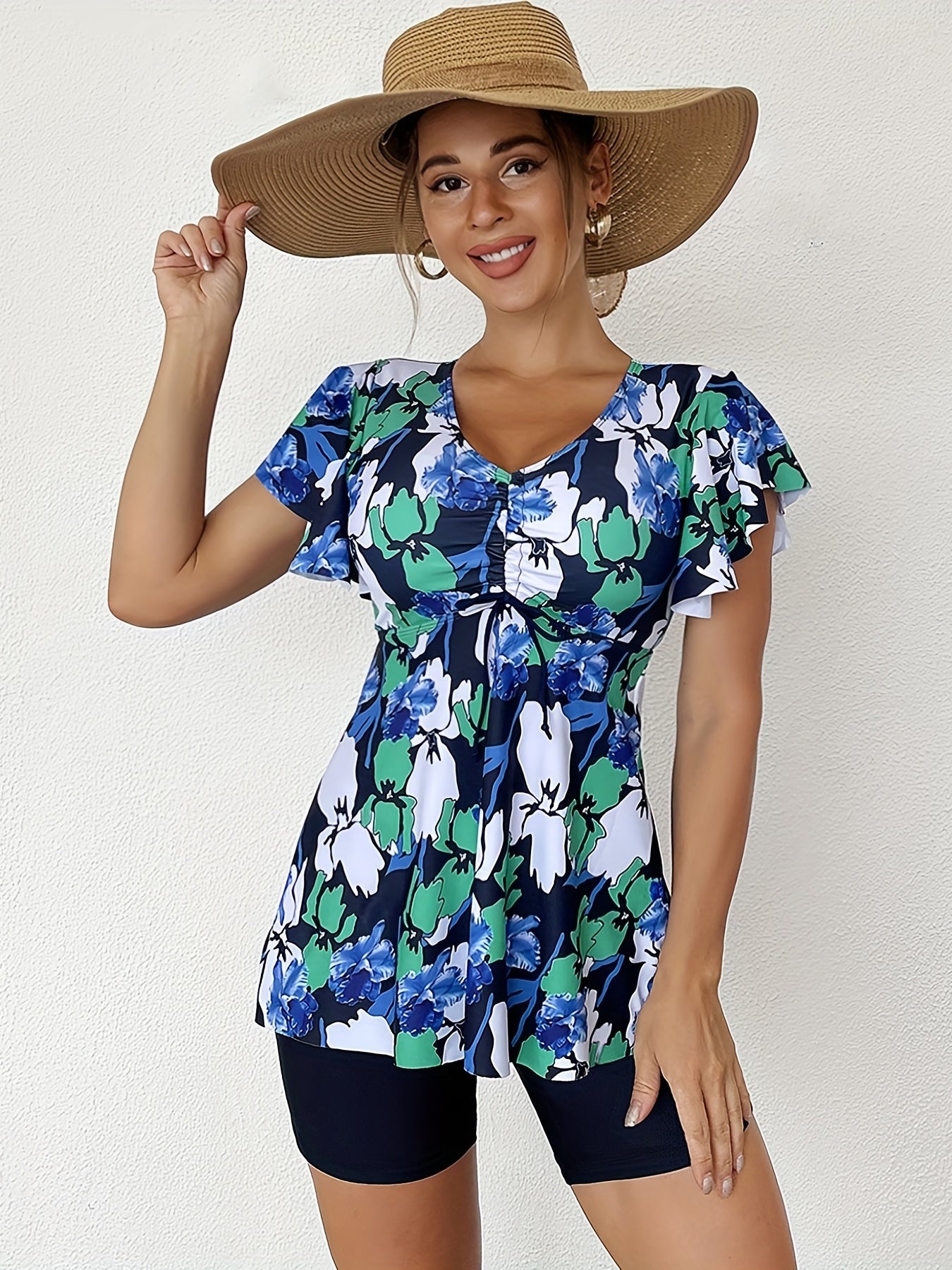 Ruffle Tankini Set V Neck Tie Front Swimsuit