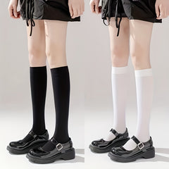 2 Pairs Solid Calf Socks College Style Knee High Women's Stockings